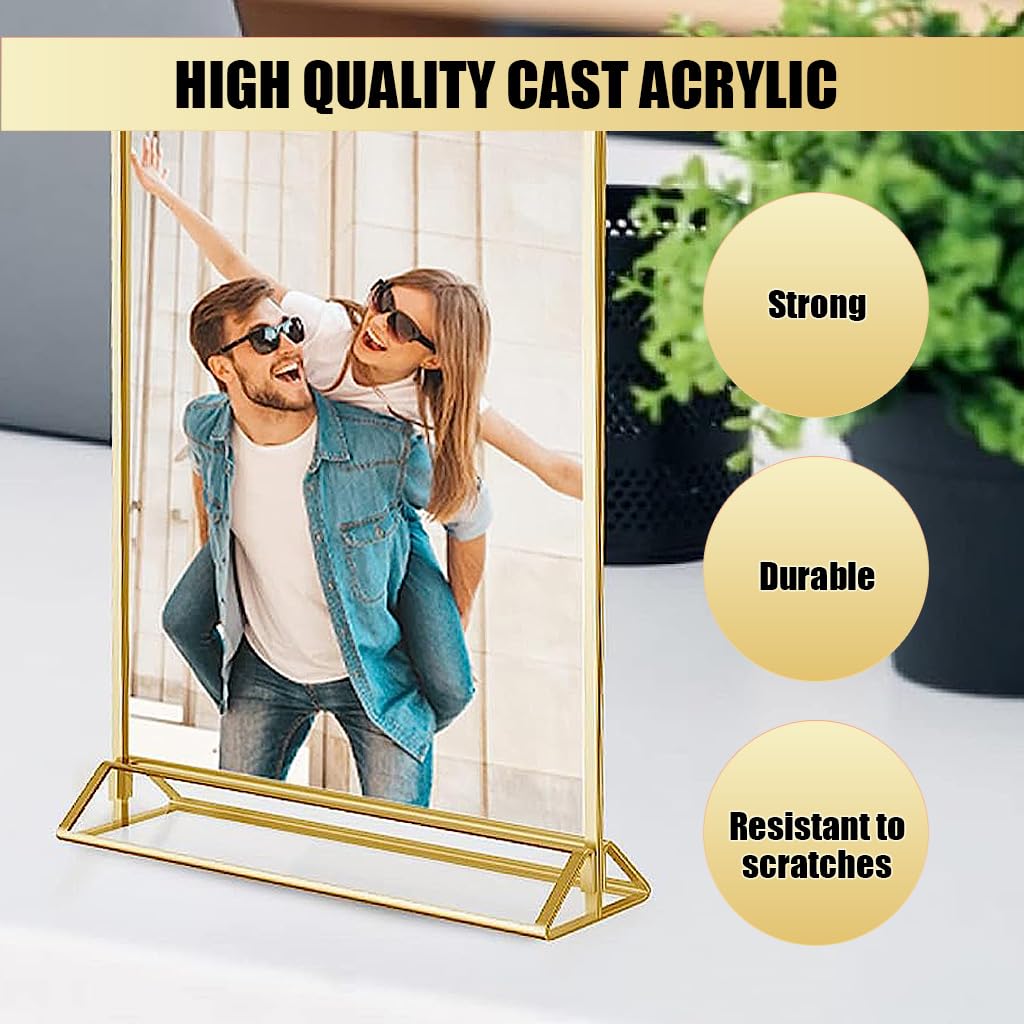 Climberty 6Pcs Acrylic Gold Sign Holders, 5.9x8.2 inch Clear Picture Frames with Gold Borders and Vertical Stand, Double Sided Table Menu Display Stand for Restaurant Signs, Wedding Table and Photos Climberty 6Pcs Acrylic Gold Sign Holders, 5.9x8.2 inch Clear Picture Frames with Gold Borders and Vertical Stand, Double Sided Table Menu Display Stand for Restaurant Signs, Wedding Table and Photos